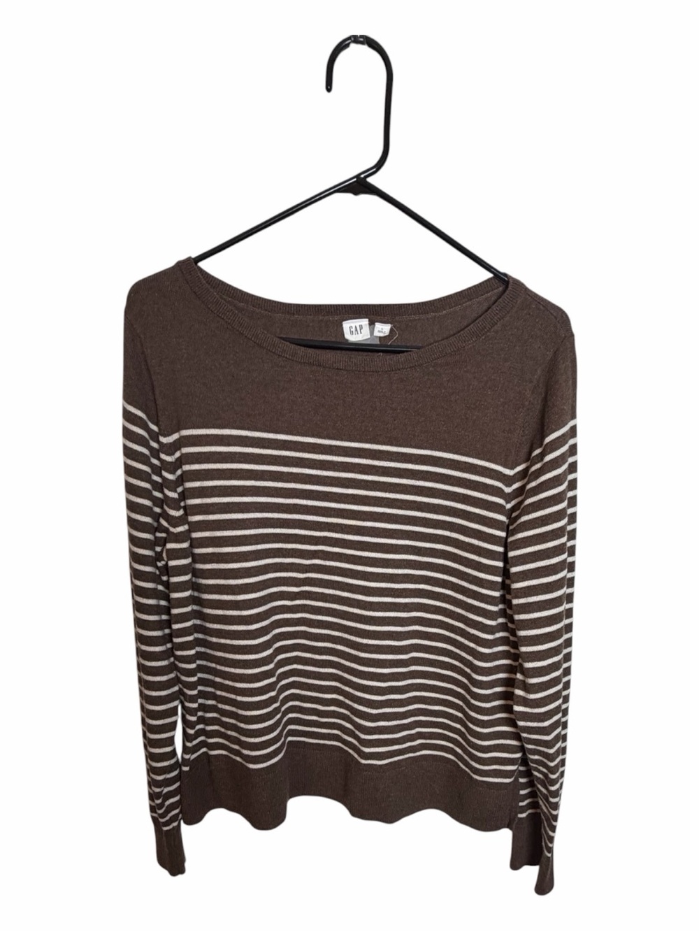GAP Women's Knit Brown White Striped Boat Neck Long Sleeve Pullover Sweater L